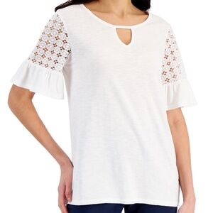 JM Collection Womens Medium Ruffled Sleeve Slub Knit Top White Crochet Trim